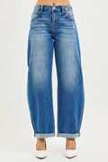 RISEN Plus Size Mid Rise Barrel Jeans With Double Roll Up Cuffs For Flattering All Day Comfort