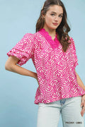 Umgee Printed Puff Sleeve Ruffle Neck Top