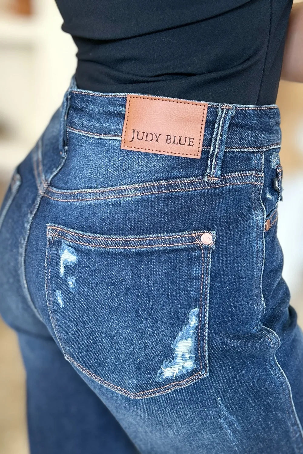 JUDY BLUE HIGH WAIST RIGID MAGIC HEAVY DESTROY STRAIGHT JEANS