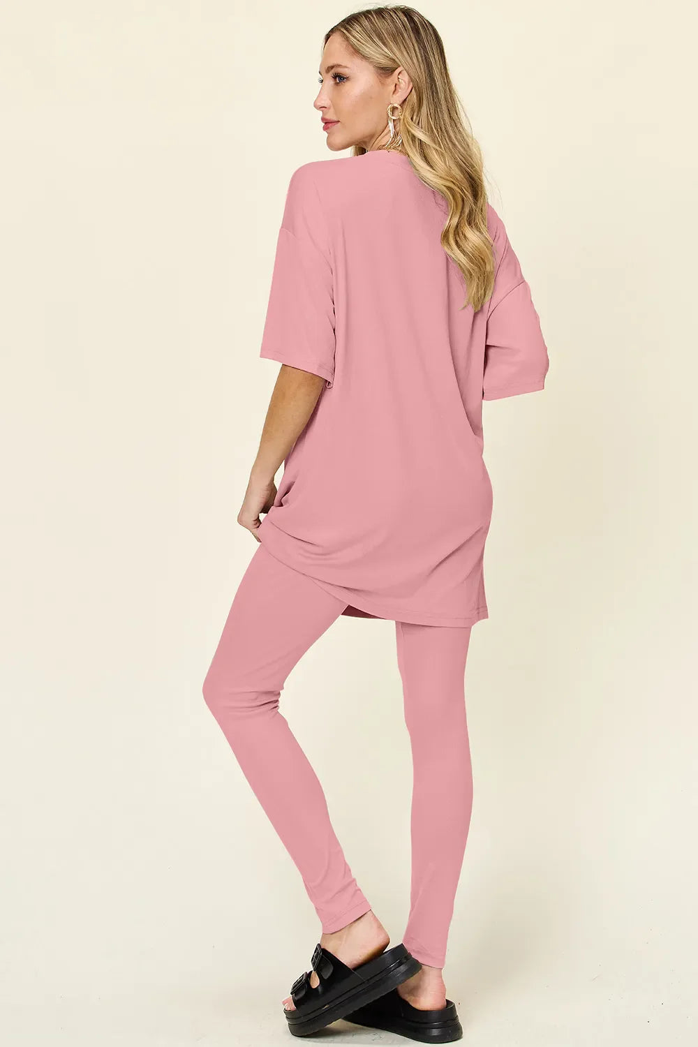 Women Two Piece T Shirt And Leggings Set With Dropped Shoulder Round Neck Full Size Comfortable Everyday Casual