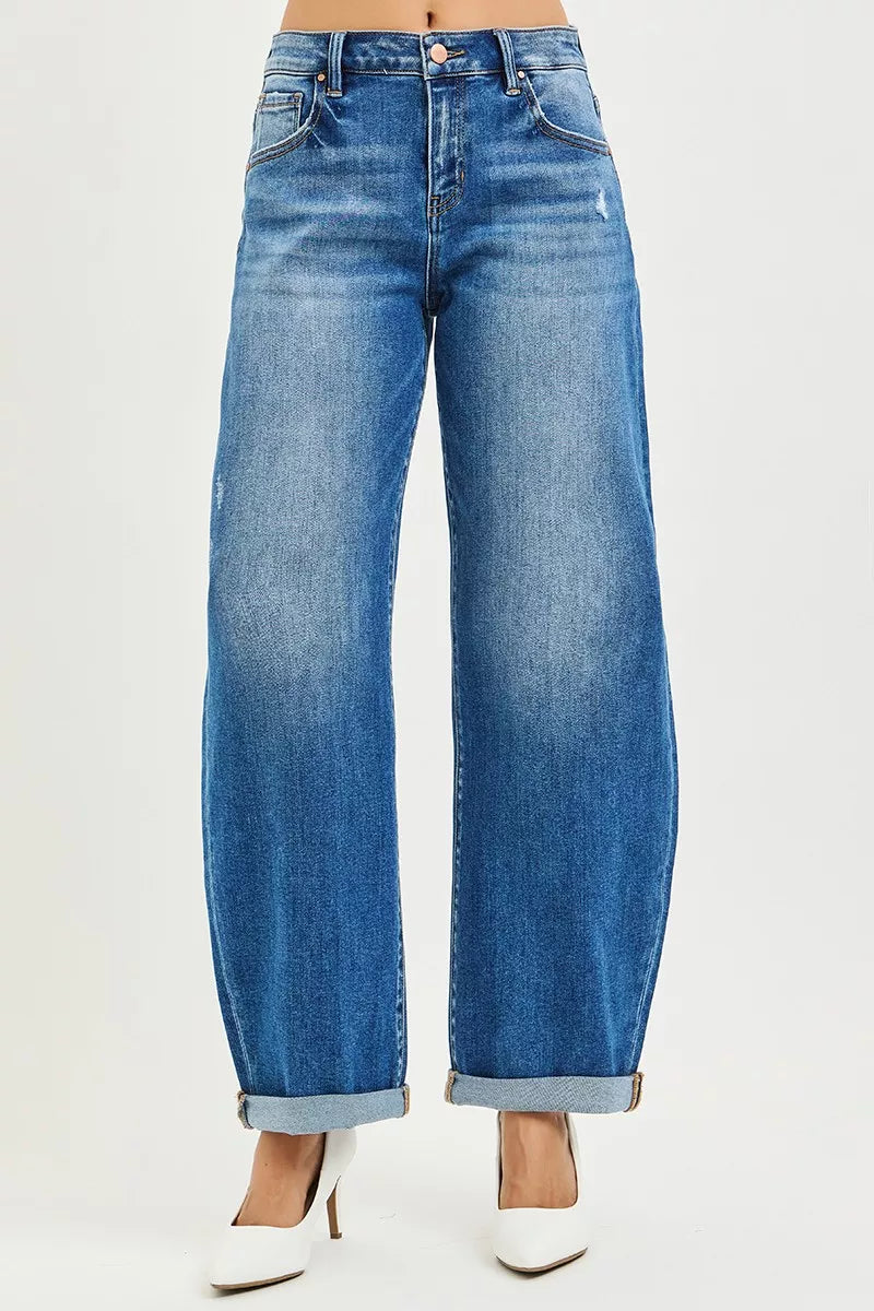 RISEN Plus Size Mid Rise Barrel Jeans With Double Roll Up Cuffs For Flattering All Day Comfort