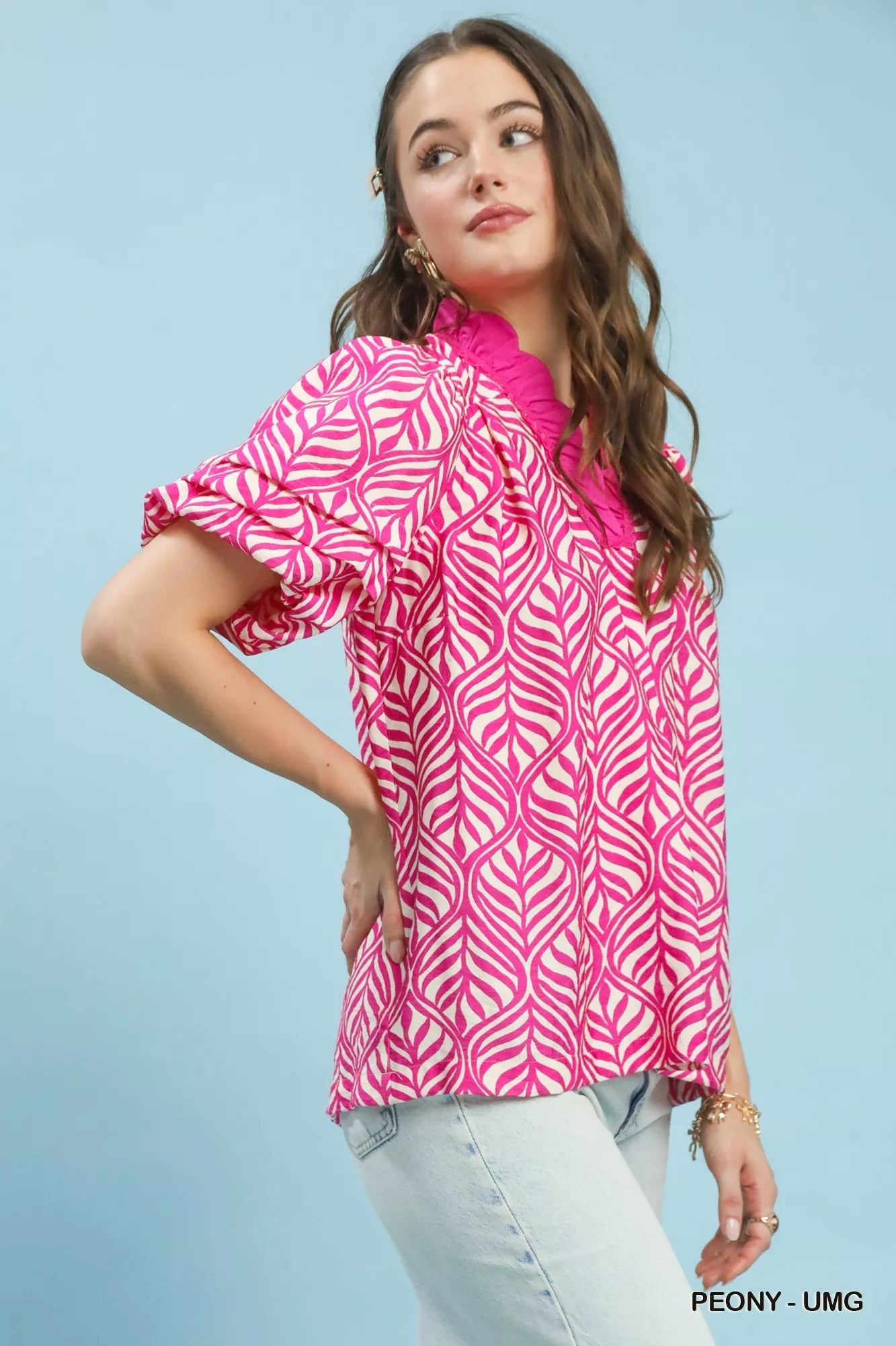 Umgee Printed Puff Sleeve Ruffle Neck Top