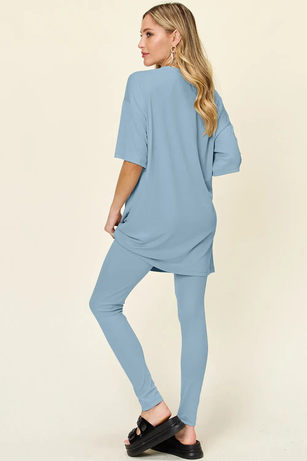 Women Two Piece T Shirt And Leggings Set With Dropped Shoulder Round Neck Full Size Comfortable Everyday Casual