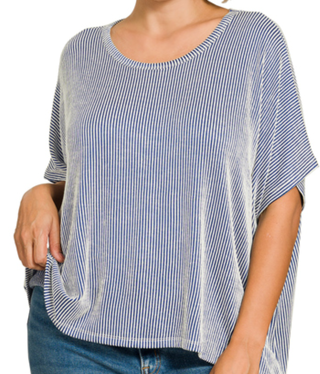 RIBBED STRIPED OVERSIZED SHORT SLEEVE TOP - NAVY - ZENANA