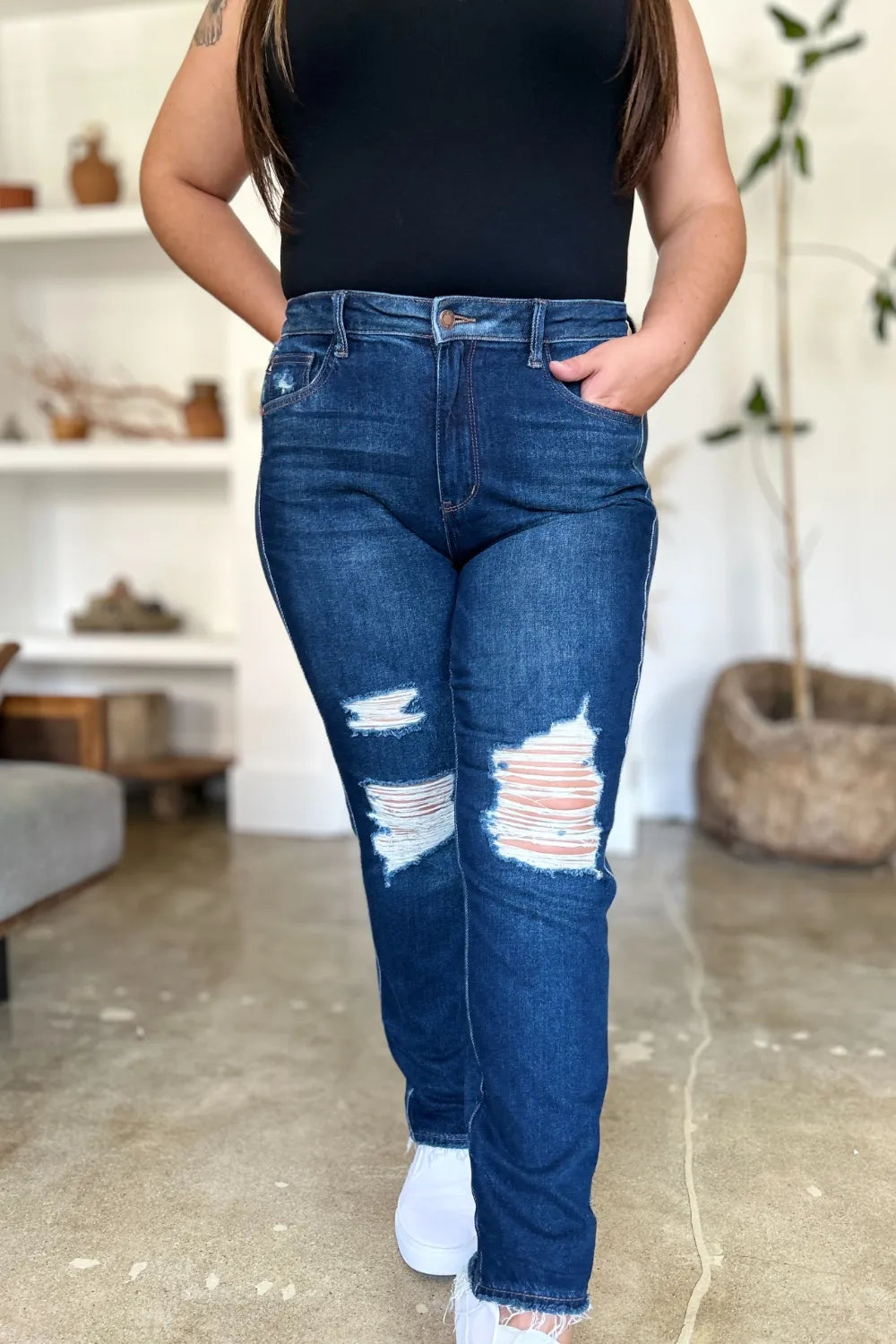 JUDY BLUE HIGH WAIST RIGID MAGIC HEAVY DESTROY STRAIGHT JEANS