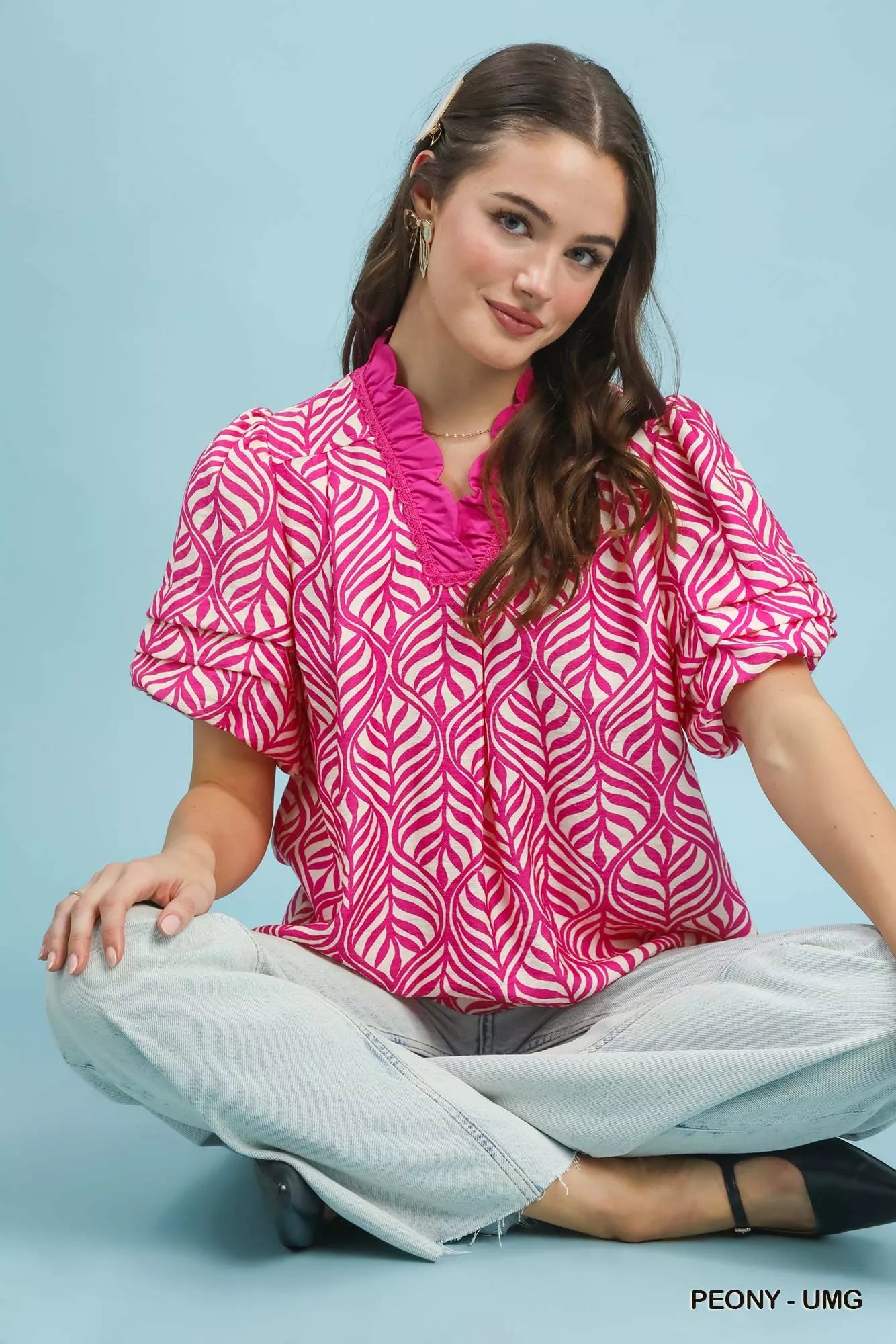 Umgee Printed Puff Sleeve Ruffle Neck Top