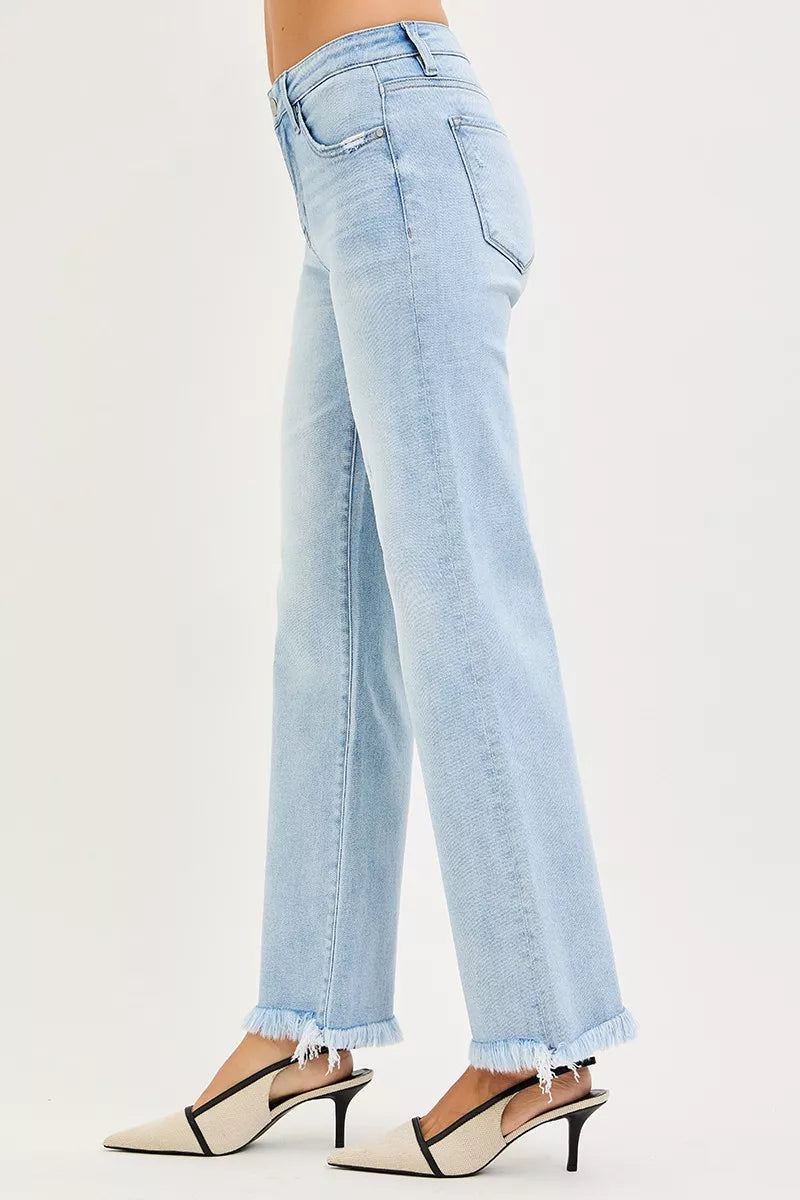 RISEN Tummy Control Jeans For Women Mid Rise Ankle Straight Fray Hem Flattering Comfortable Fit