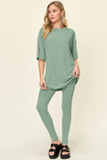 Women Two Piece T Shirt And Leggings Set With Dropped Shoulder Round Neck Full Size Comfortable Everyday Casual