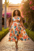 Tropical Bloom Wrap Sundress - vibrant floral midi wrap dress