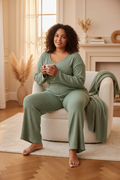 Sage Ribbed Knit Lounge Set - wide-leg pants and fitted long-sleeve top