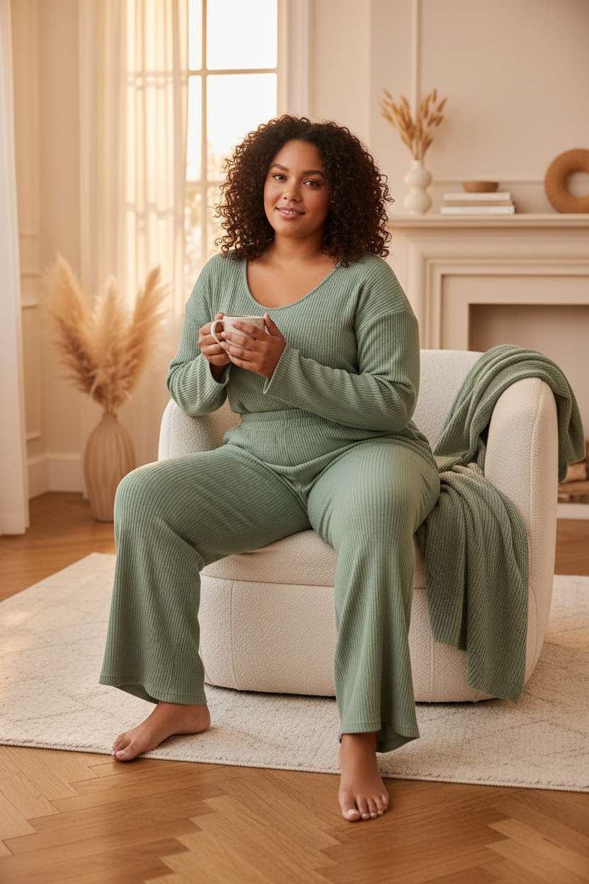 Sage Ribbed Knit Lounge Set - wide-leg pants and fitted long-sleeve top