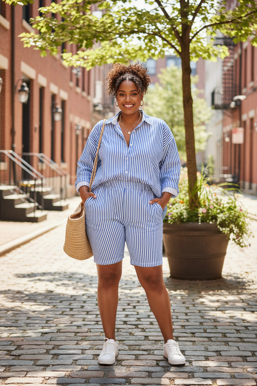 Cobalt Stripe Short Set - matching biker shorts and oversized striped shirt